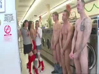 Fellows stand in line to get sucked by clothed babes