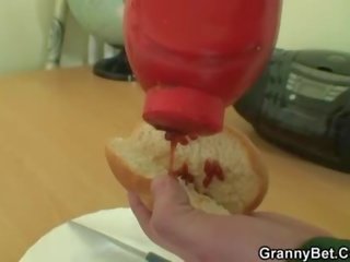 Huge granny tastes his dick then doggystyled