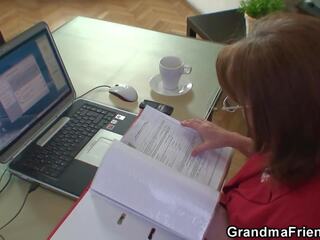 Granny and fellows teen threesome in the office